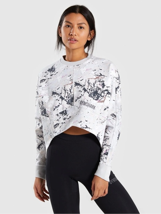 Gymshark Tops - Gymshark Marble-Print Cropped Hi/Lo Crewneck Sweatshirt in White and Black Sz S